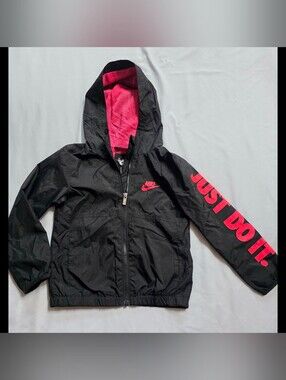 Nike Kids Hooded Windbreaker Jacket Black Pink 6X 6-7Y Full Zip